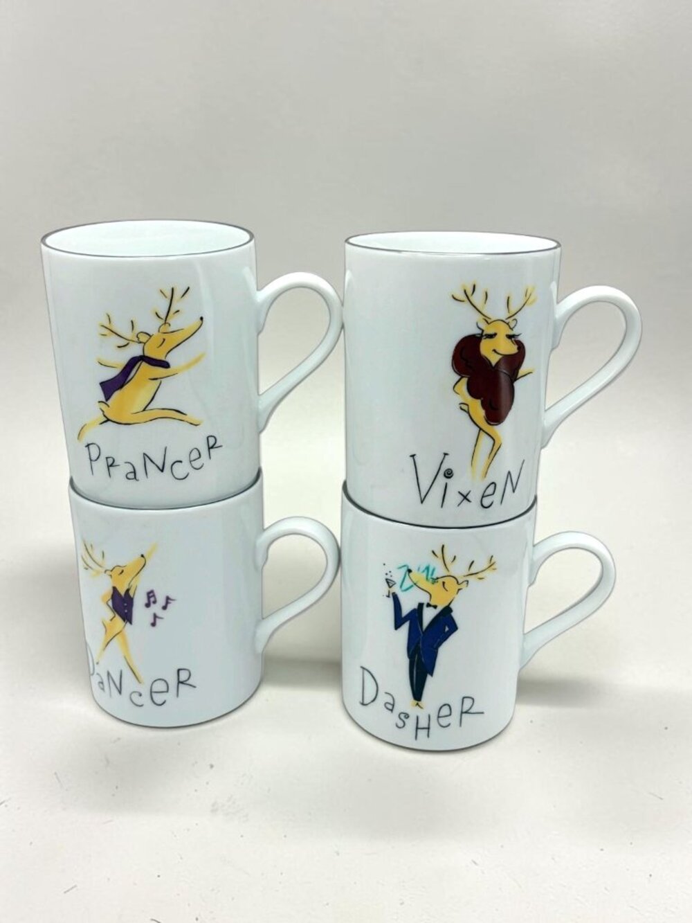 Pottery Barn Reindeer Christmas Mugs Set of 4 Dasher Dancer Prancer Vixen